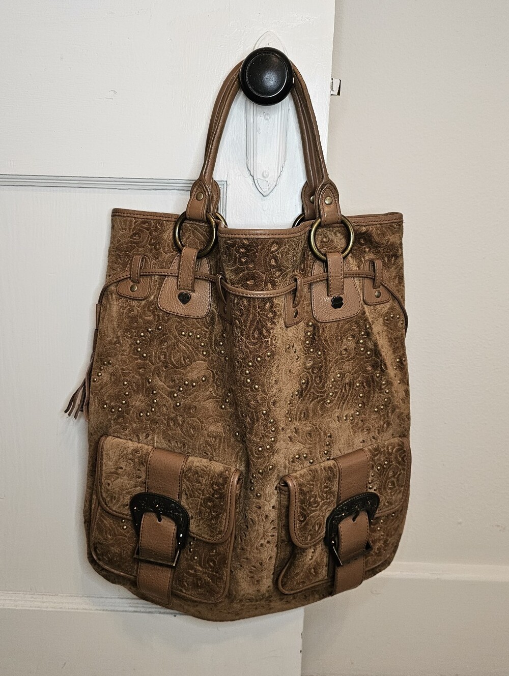 Charm & Luck Y2K Jenny Syquia Suede Leather Brown Large Bucket Bag.